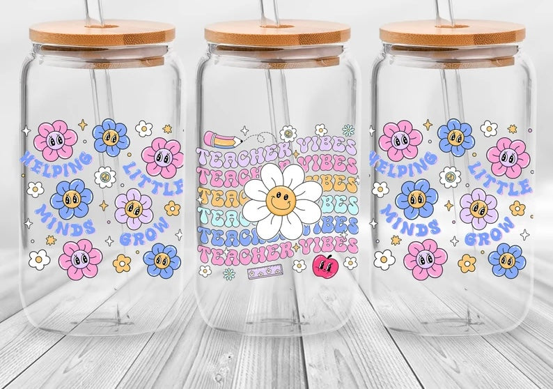 Frosted glass can floral teacher vibes