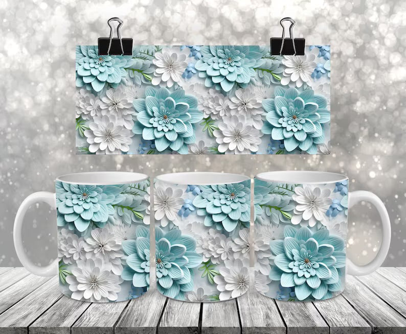 15 oz 3D blue floral mug
