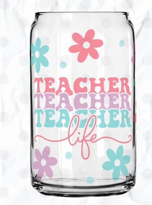 Frosted glass can floral teacher life