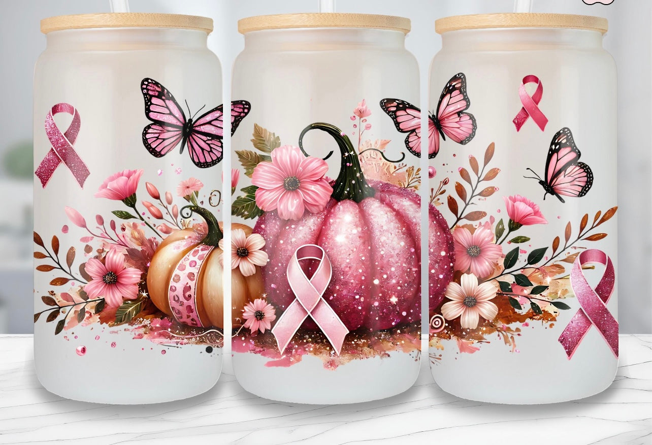 Frosted glass can pumpkins & butterflies