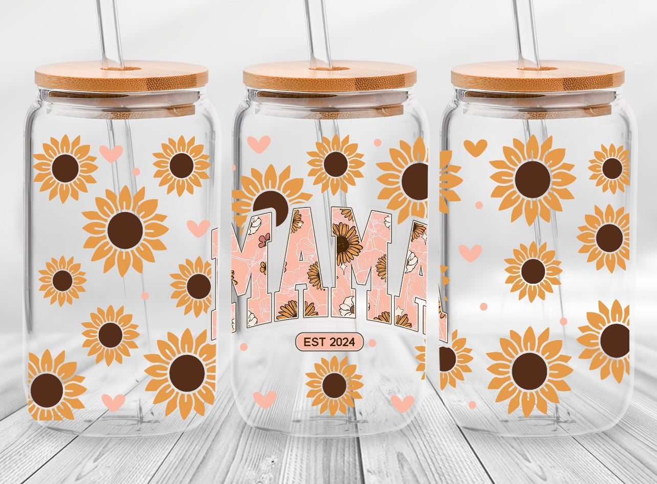 Frosted glass can sunflower mama