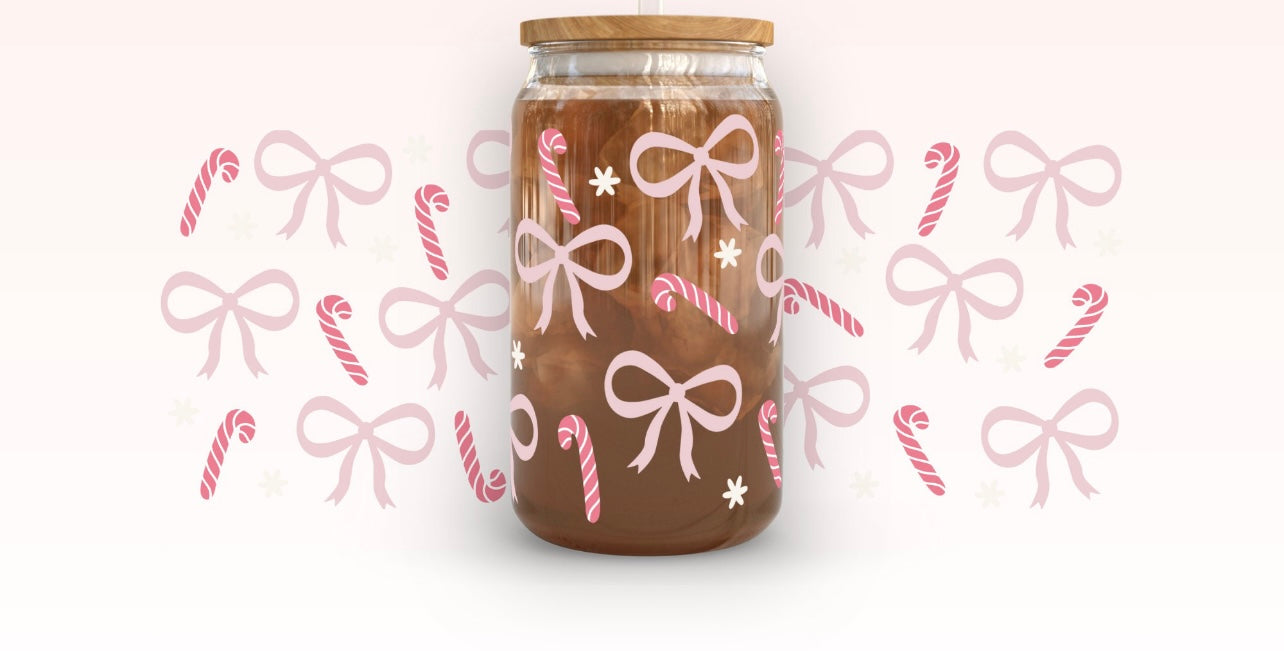 Frosted glass can candy canes & bows