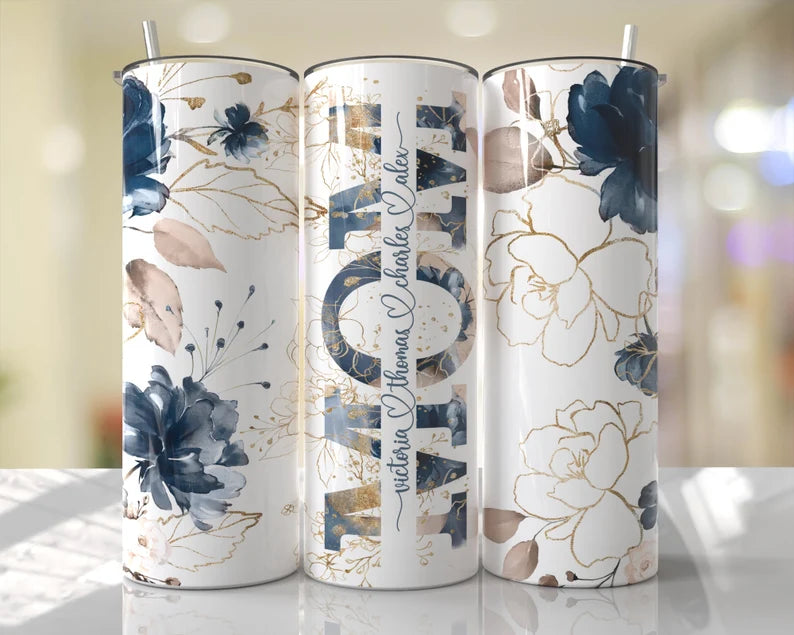 Flower mom with kids names tumbler