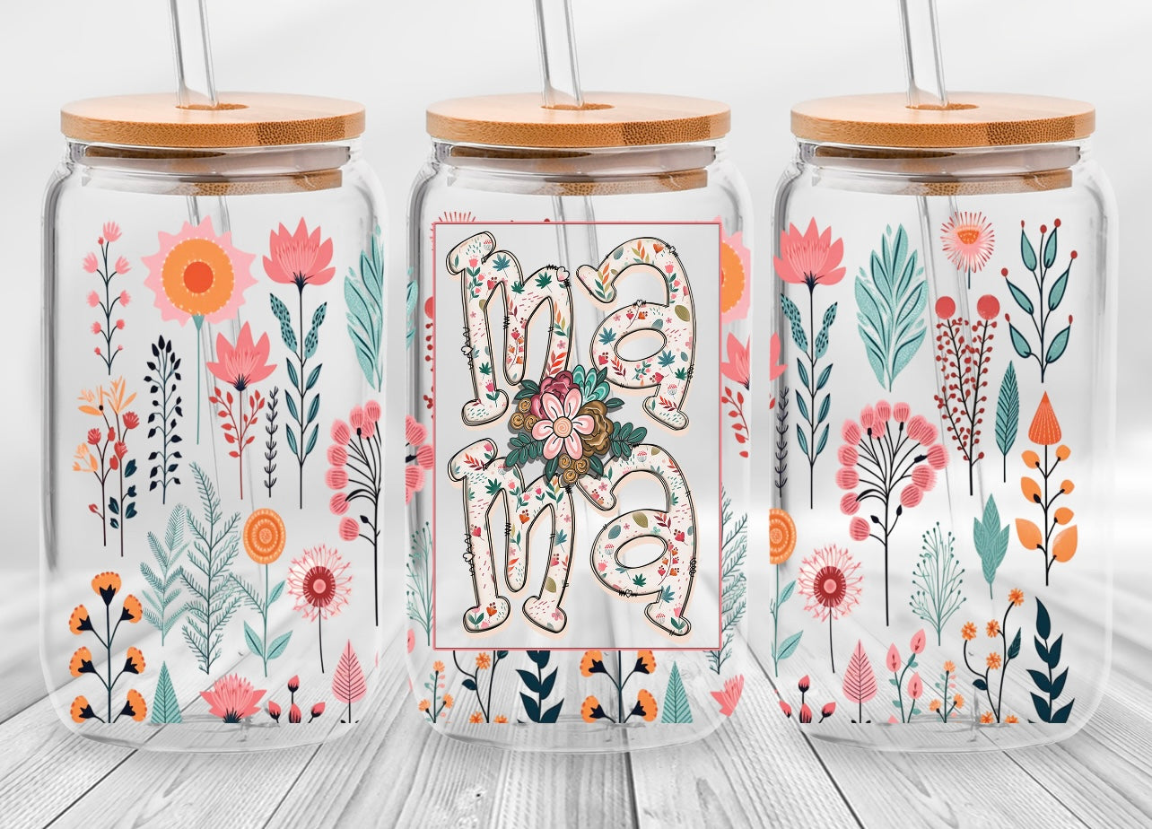 Frosted glass can floral mama