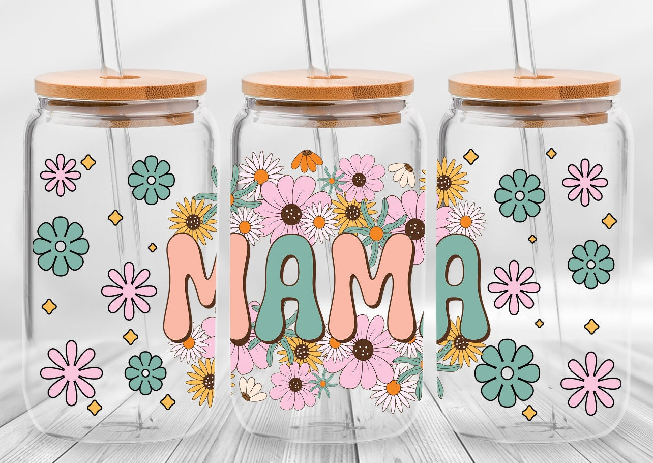 Frosted glass can flowers mama