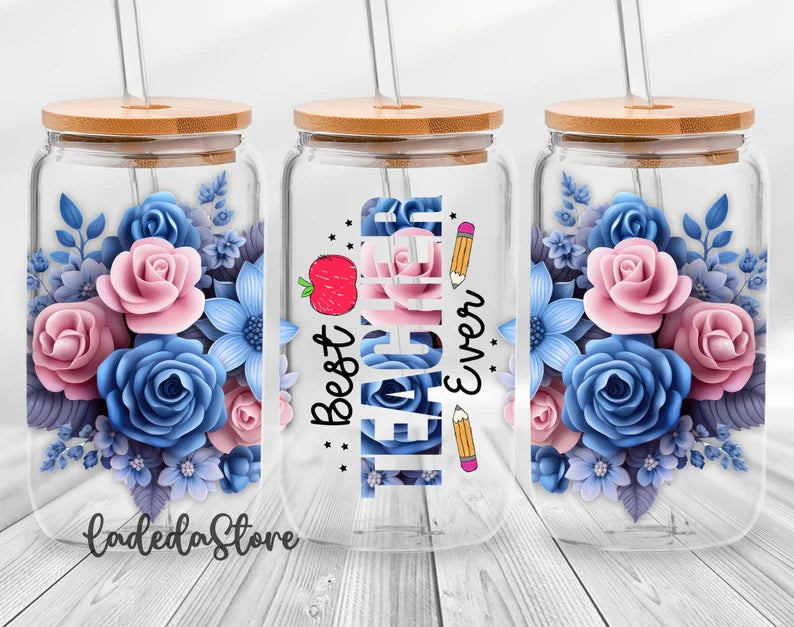 Frosted glass can floral best teacher ever