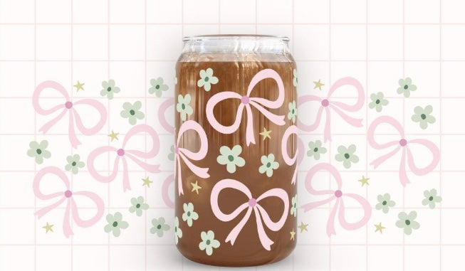 Frosted glass can bows & flowers