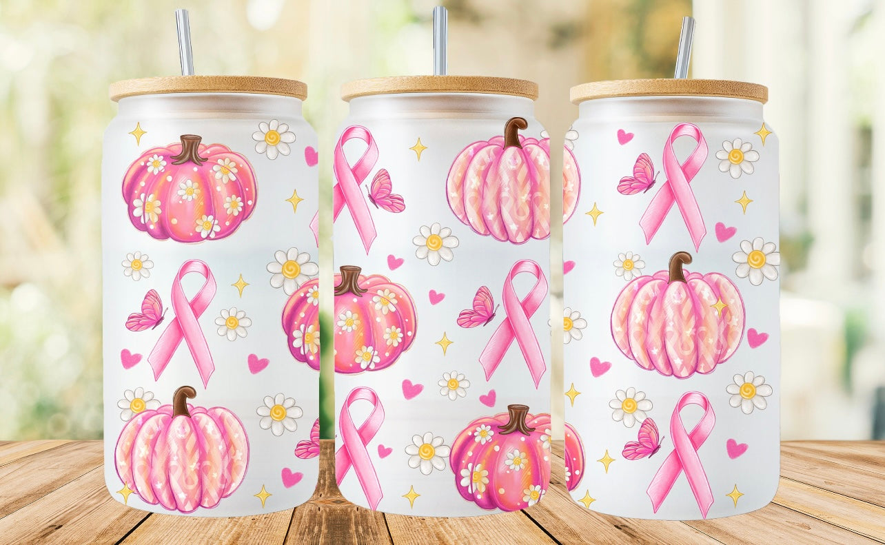 Frosted glass can pumpkin ribbons