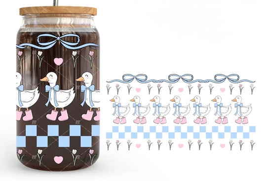 Frosted glass can blue ribbon goose