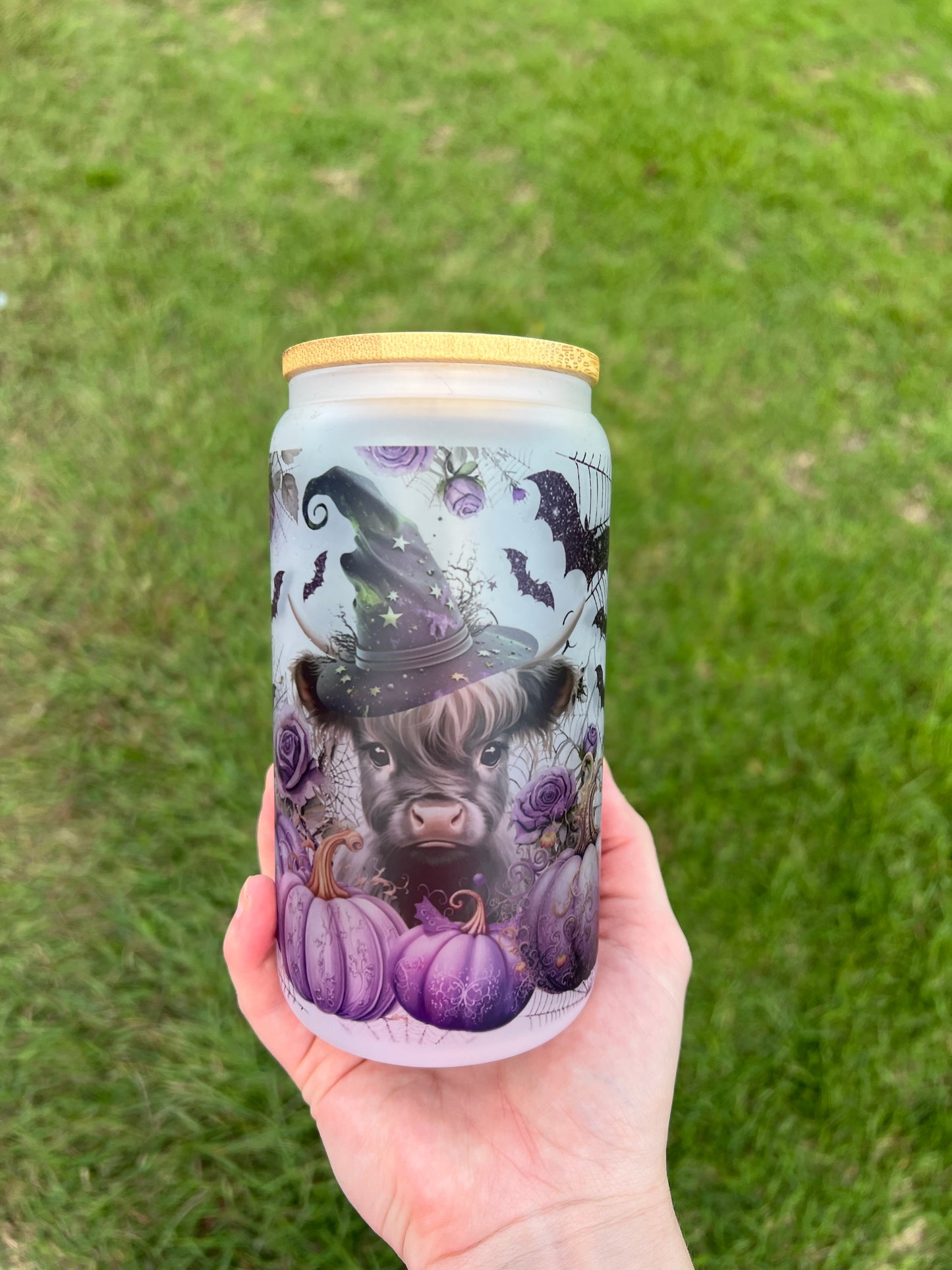 16 oz frosted glass can Halloween cow