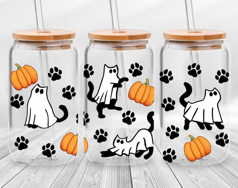 Frosted glass can Halloween ghost kitties