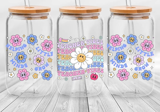 Frosted glass can floral teacher vibes