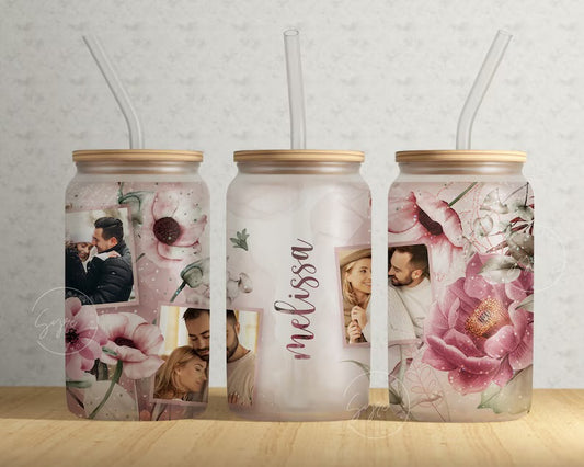 Frosted glass can pink floral