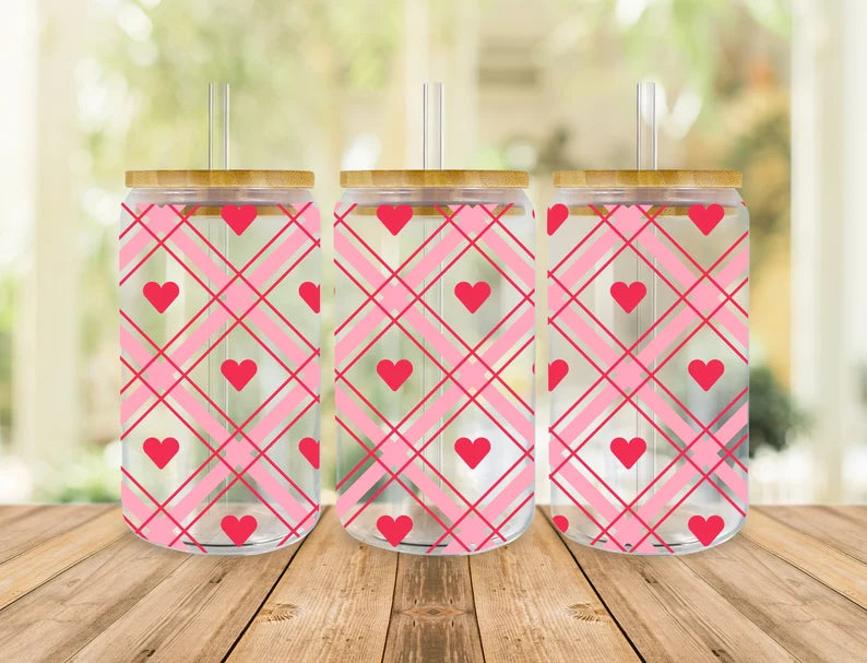 Frosted glass can plaid hearts
