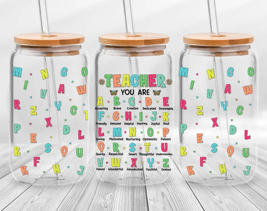 Frosted glass can alphabet teacher