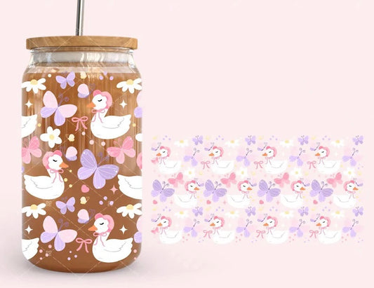 Frosted glass can goose & butterflies