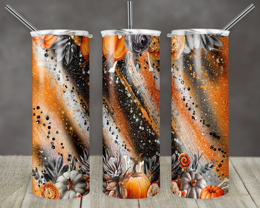 Floral Halloween glitter tumbler