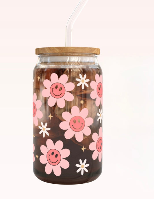 Frosted glass can smiley daisies