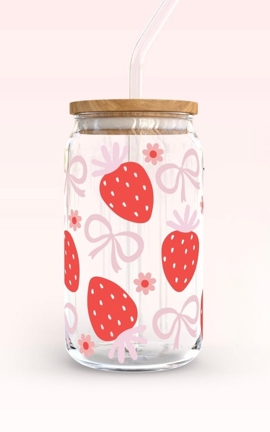 Frosted glass can strawberries & bows