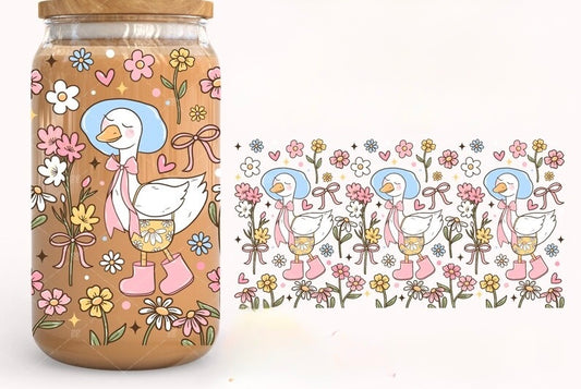 Frosted glass can floral girl goose