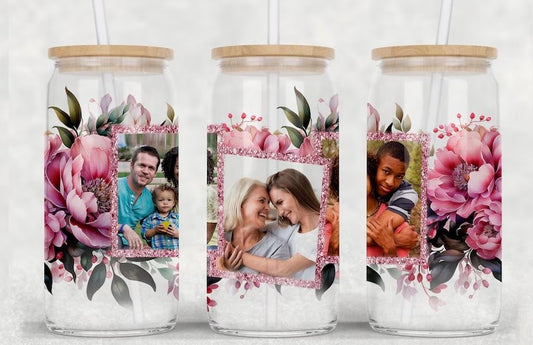 Frosted glass can 3 photo purple/pink floral