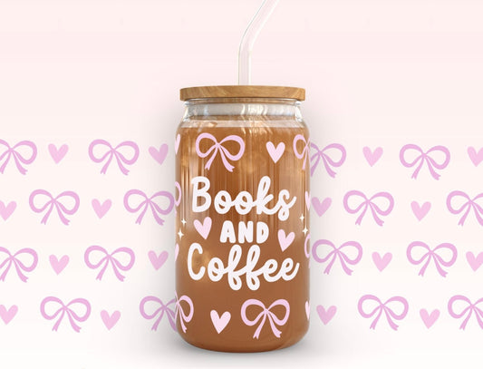 Frosted glass can books and coffee