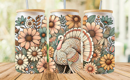 Frosted glass can floral turkey