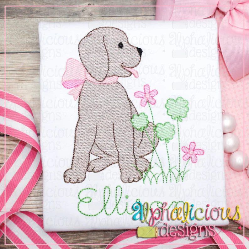 Emb - girl shamrock dog