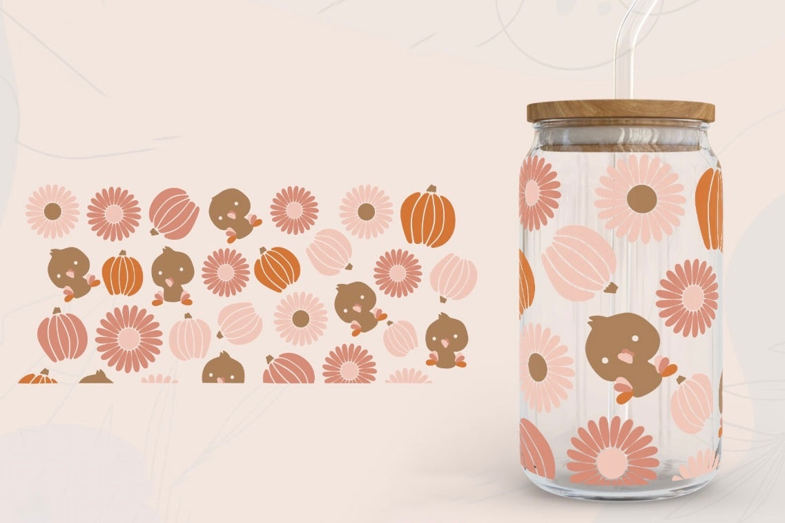 Frosted glass can cute little floral turkey