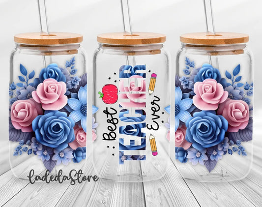 Frosted glass can floral best teacher ever