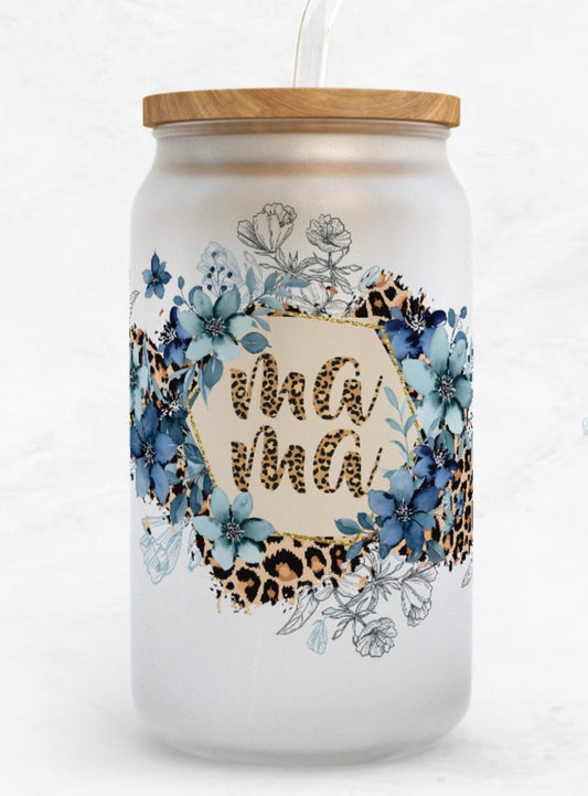 Frosted glass can leopard floral mama