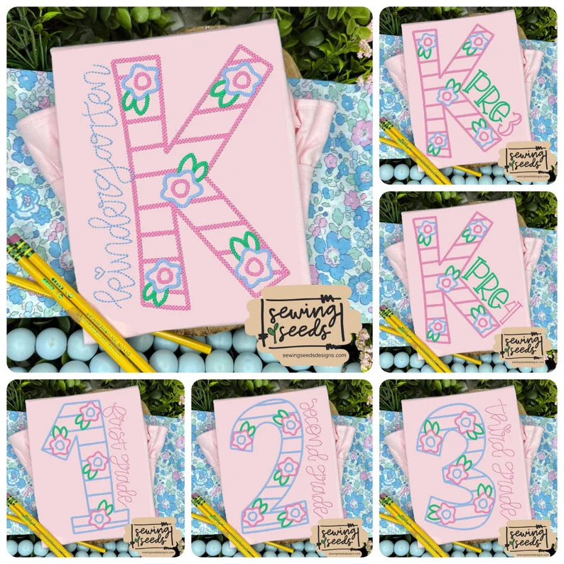 Emb - floral letter - choose your grade (up to sixth)