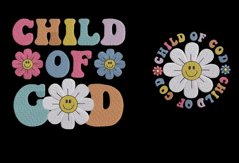 Emb - floral child of God front pocket & back