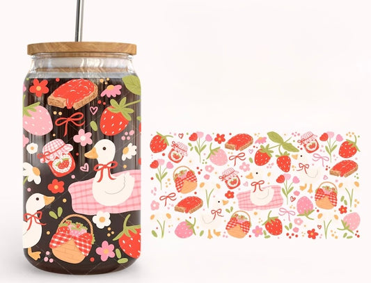 Frosted glass can strawberry & geese