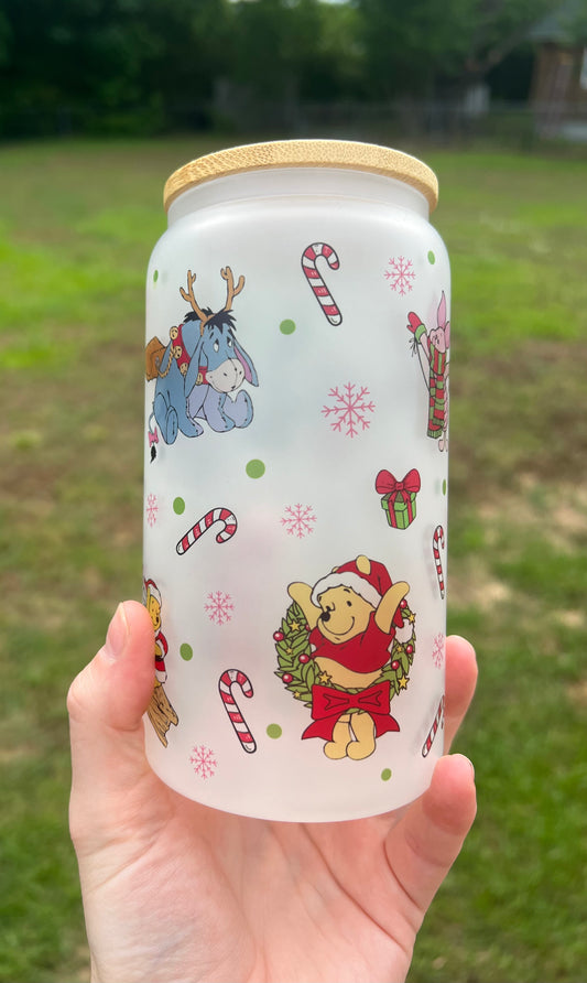 16 oz pooh Christmas frosted glass can